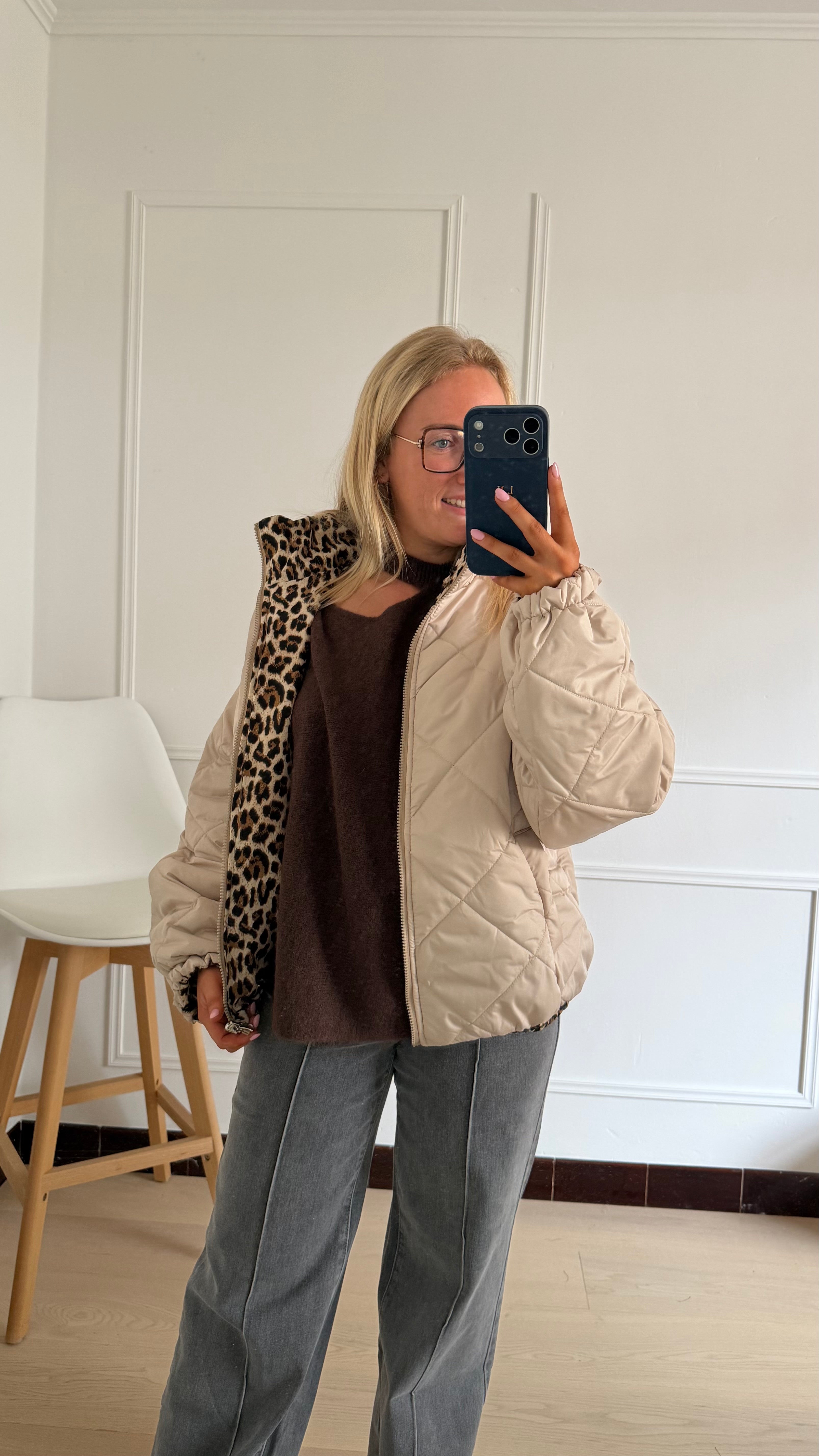 Reversible Puffer Jacket - Beige & Leopard