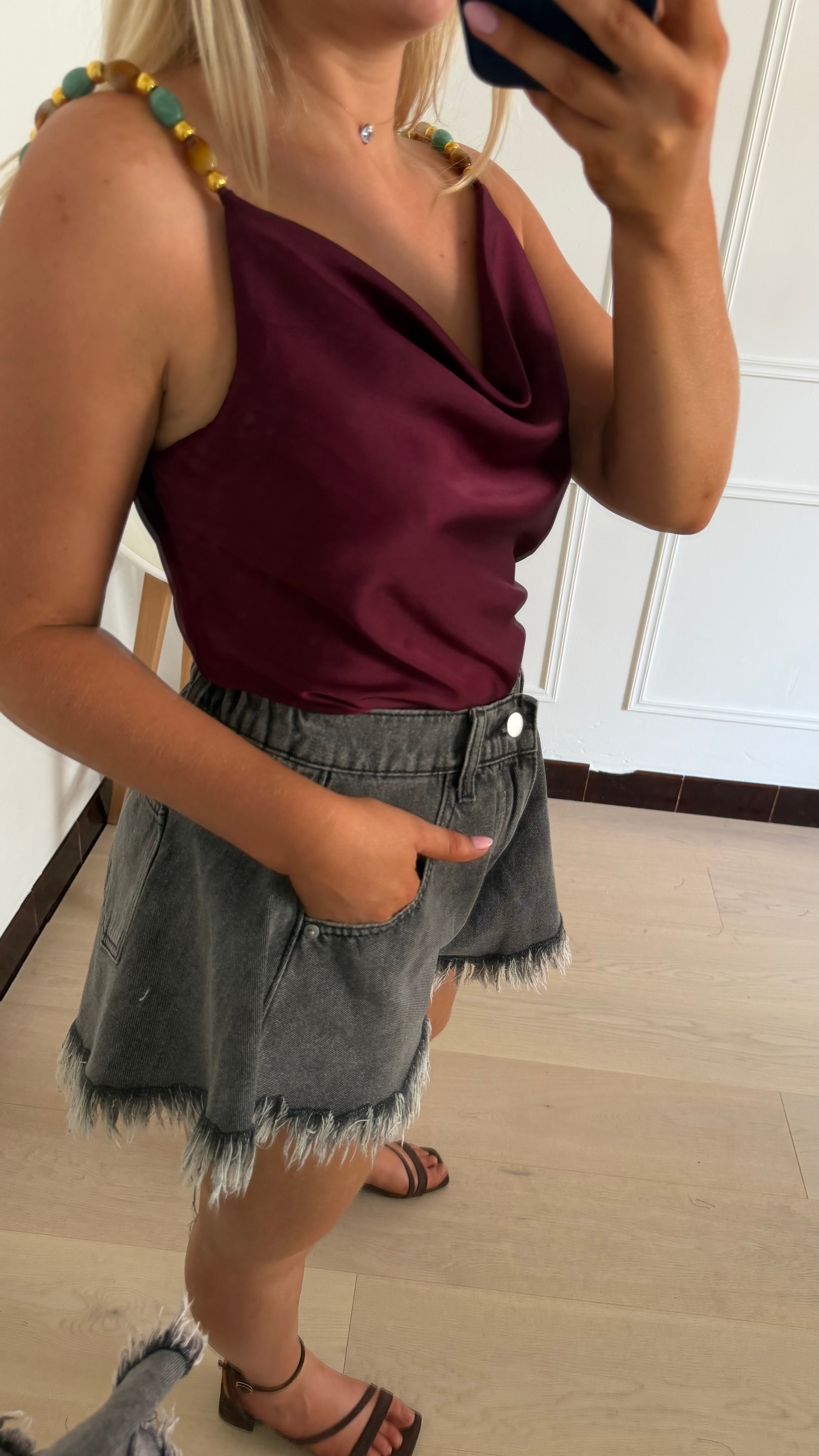 Coralie Satin Top Bordeaux
