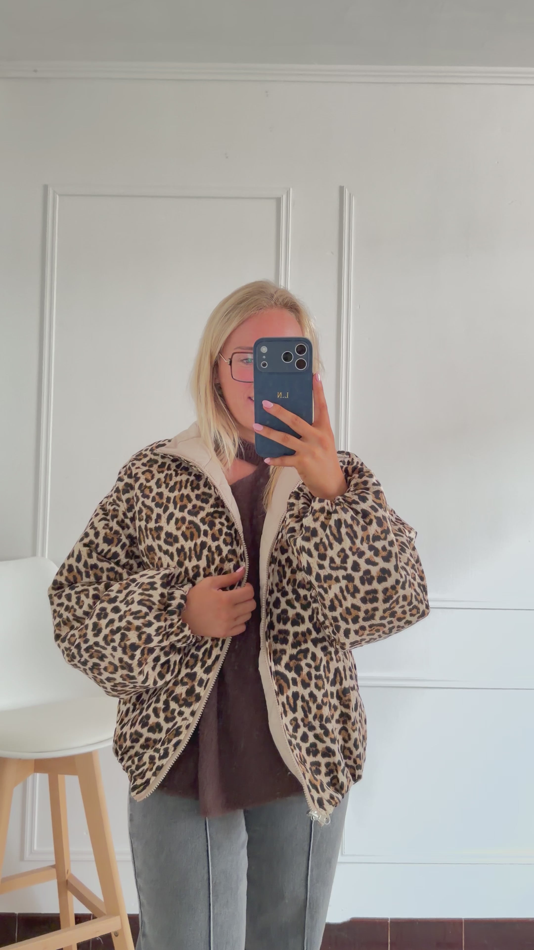 Reversible Puffer Jacket - Beige & Leopard
